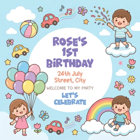 Birthday Greeting Invitation Poster Light Blue Background with Balloons, Rainbow, Children, and Festive Party Theme