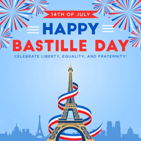 Bastille Day Greeting Card with Eiffel Tower, Fireworks and French Tricolor Ribbon Design