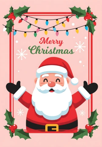 Christmas Greeting Card Santa Claus with Open Arms, Pink Background, Snowflakes, and Holly Decorations Design Template