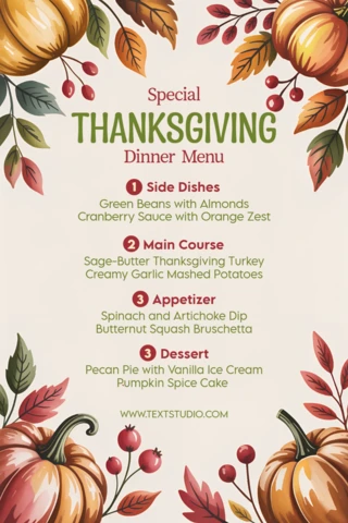 Thanksgiving Dinner Menu Template with Rustic Pumpkin Design for Festive Events