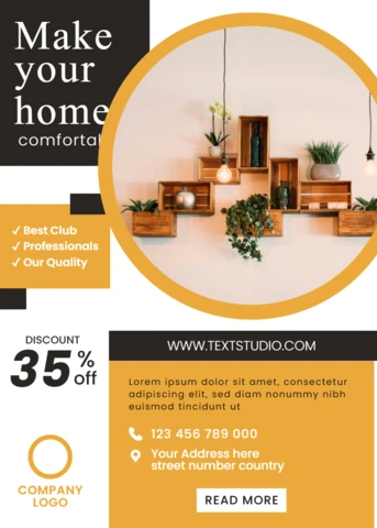 Plantilla de diseño de decoración de hogar moderna para volante promocional con elementos de estantería elegantes.