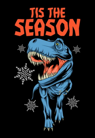 Tis The Season Dino Scarfed Rex with Snowflakes & Holiday Bite T-Shirt Design Template