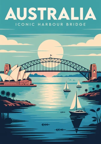 Template de design retro da Austrália apresentando a icônica ponte da baía para pôsteres de viagem.