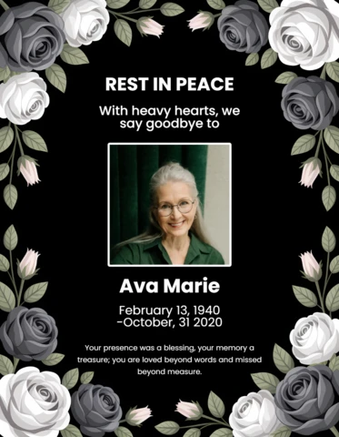 Template de design floral elegante para anúncio memorial com rosas e foto pessoal