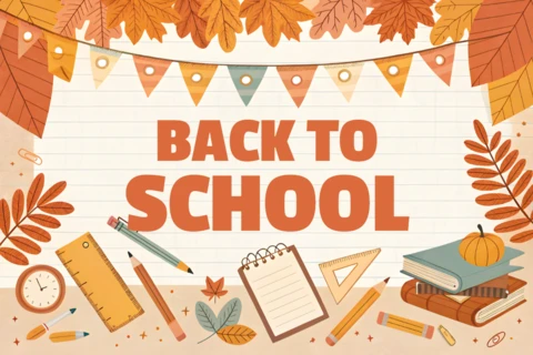 Back to School Design Template with Autumn Leaves and School Supplies for Flyers