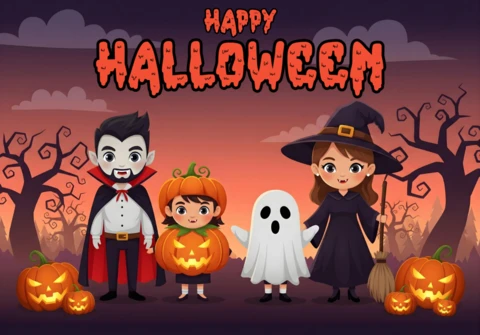 Frohes Halloween Kinder Vampire, Geist, Hexe & Kürbis Kostüme mit gruseligem Baum Hintergrund Designvorlage für festliche Flyer