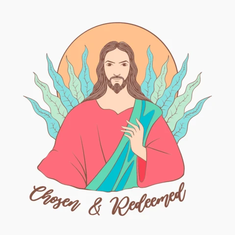 Ilustración espiritual de túnica roja elegida y redimida con diseño de plantilla de merchandising de círculo floral.