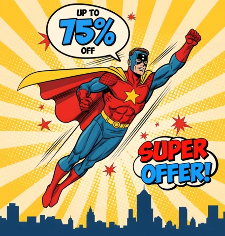 Arte de cómic estilo superhéroe de ciudad con oferta super especial y plantilla de diseño con estrella amarilla para volantes promocionales.