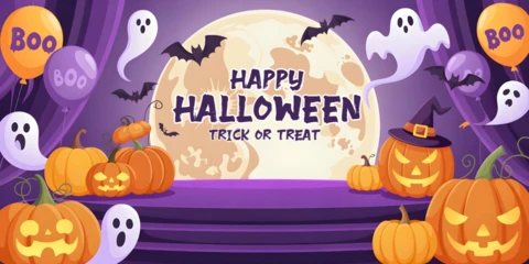 Mutlu cadılar bayramı, yüzen ruhlar, jack-o'-lantern'lar ve mor perde çerçeve facebook kapak tasarım şablonu