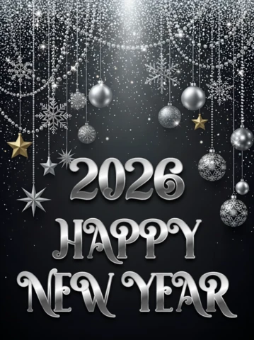 New Year Celebration Design Template with Silver Snowflakes and Ornaments for Festive Greeting Cards