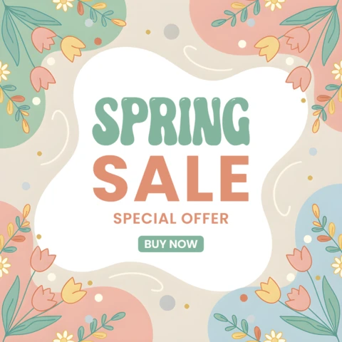 Póster de venta del festival de primavera - flores y hojas en tonos pastel en una vibrante promoción de temporada