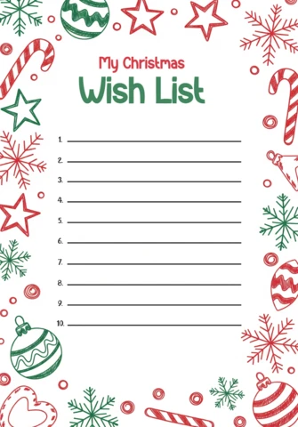Christmas Wish List Template Festive Design with Candy Canes, Peppermints, Ornaments, and Snowflakes