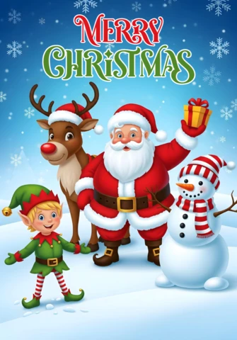 Póster de Navidad con Santa Claus, muñeco de nieve, reno y elfo en un paisaje nevado con un saludo colorido.