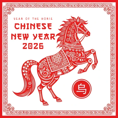 Template di design per biglietti d'auguri del capodanno cinese 2026 con tema cavallo