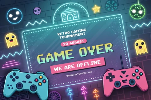 Modèle de flyer pour tournoi de jeux rétro avec design en pixel art et graphiques de manette de jeu
