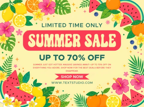 Summer Sale Discount Banner with Citrus Fruits, Watermelon and Tropical Flowers