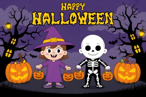 Póster de noche de Halloween con personajes de sombrero de bruja y traje de esqueleto, diseño de bosque iluminado por linternas para volantes festivos.