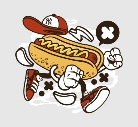 Modelo de design de camiseta de personagem de desenho animado de cachorro-quente