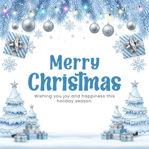 Christmas Card Design Snowy Garland with Lights and Gifts Surrounding Joyful Christmas Message in Festive Layout Template