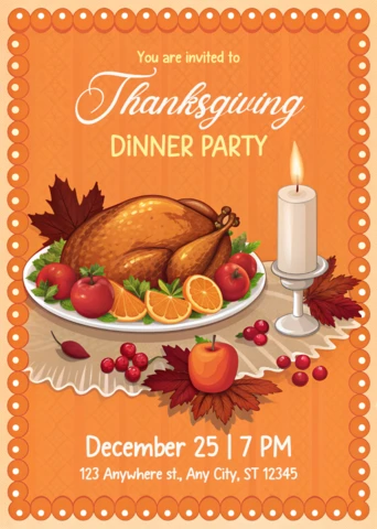 Thanksgiving Dinner Party Invitation Template with Festive Turkey Design
