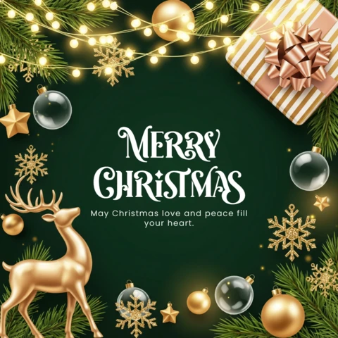 Weihnachtskarten-Design mit Girlandenrand, umgeben von Rentieren und Kugeln, um eine friedliche Feiertagsgrüße-Vorlage.