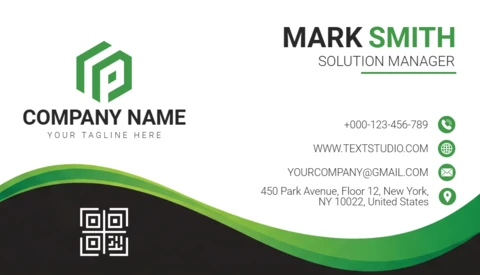 Plantilla de tarjeta de visita con patrón de olas, diseño verde y negro, con función de código QR.