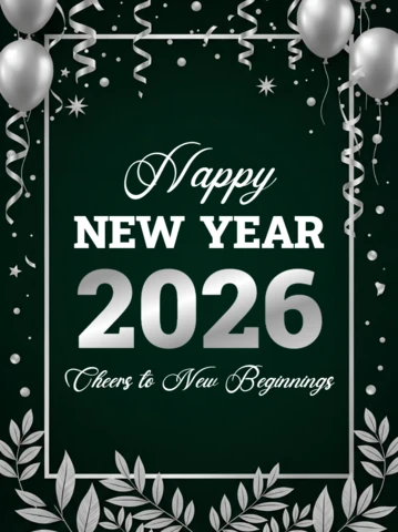 Elegant New Year 2026 Greeting Card Template with Balloons Design