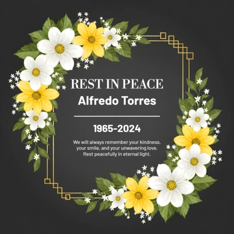 Memorial Poster White & Yellow Floral Frame with Gold Corners, Rest in Peace Tribute Design Template