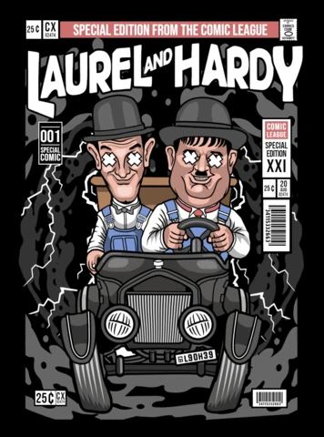 Plantilla de diseño de portada de revista con personajes de dibujos animados de Laurel y Hardy