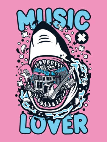 Music Lover Shark Cartoon T-Shirt Design Template