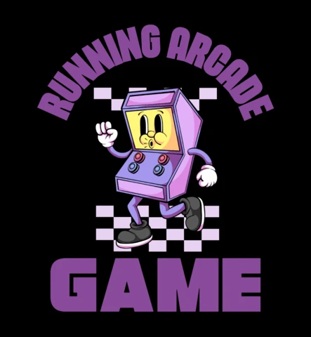 Laufendes Arcade-Spiel retro-inspirierter animierter Charakter in Bewegung T-Shirt-Designvorlage
