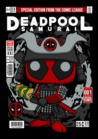 Deadpool Samurai Cartoon Character Magazine Cover Design Template