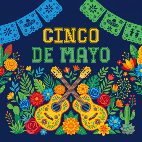 Cinco De Mayo Poster with Two Guitars, Flowers, and Elegant Holiday Decorative Illustration for Greeting Cards Design