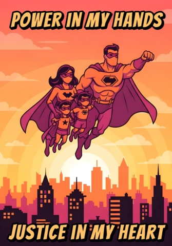 Famiglia di supereroi volanti al tramonto con skyline e citazione su giustizia e potere, template per poster.