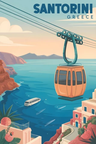 Ege Denizi üzerinde gün batımı ve kayalık manzarası ile teleferik Santorini seyahat posterleri tasarım şablonu