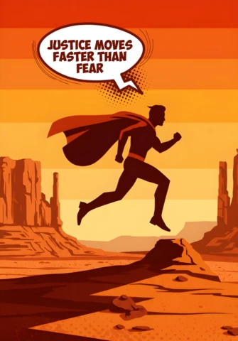 La justicia se mueve más rápido que un superhéroe corriendo por el desierto al atardecer, plantilla de diseño de cartel.