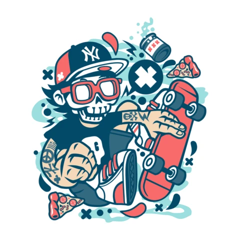 Skateboard Skull Cartoon Character T-Shirt Design Template