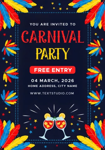 Design de convite para festa de carnaval colorida com penas festivas e coquetéis.