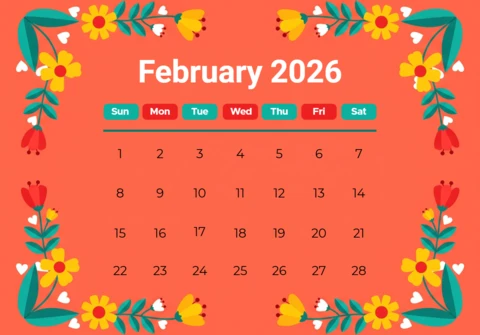 February 2026 Calendar Sunburst Bloom Glow Theme with Festive Details and Seasonal Elegance
