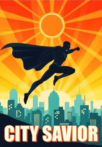 Salvatore della città supereroe che vola sopra lo skyline con un design del poster di un sole radioso.