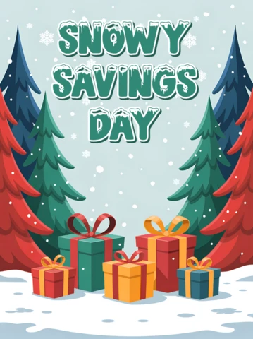 Festive Snowy Savings Day Design Template with Colorful Gift Boxes for Holiday Promotions