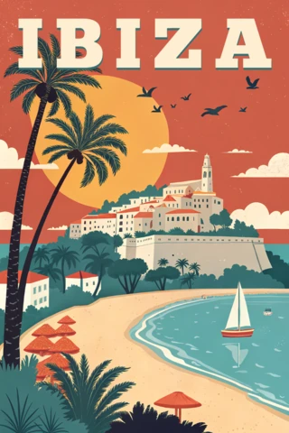 Retro Flat Ibiza Village Design Template for Travel Posters
