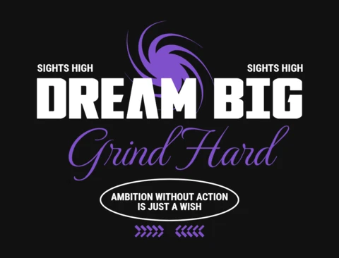 Sonhe grande, tipografia em espiral roxa com citação motivacional para design de camiseta.