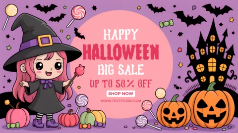 Happy Halloween Sale Design Template with Chibi Witch and Pumpkins for Promotional Flyers