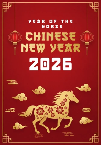 Chinese New Year 2026 Poster Year of The Horse Festive Red Background with Lanterns, Floral Accents, and Celebration Typography