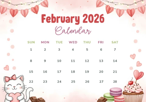 Romantic February 2026 Calendar Cartoon Cat Holding Heart with Festive Valentine Sweets