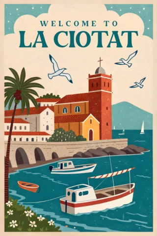 Modèle de design d'affiche de voyage vintage pour scène côtière de La Ciotat