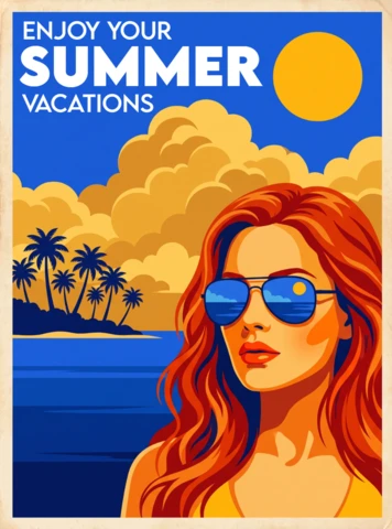 スタイライズされた夏休みのポスター、ヤシの木のシルエット、夕日の地平線、反射するサングラス、トロピカルなオレンジと黄色の空