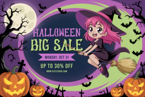 Modello di volantino per la vendita di Halloween con design di strega carina e zucche