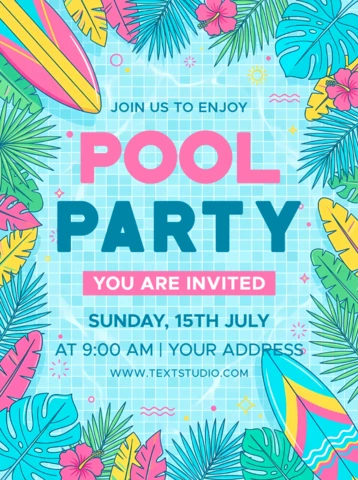 Tropical Pool Party Invitation Template with Surfboards, Palm Leaves and Summer Beach Decorations